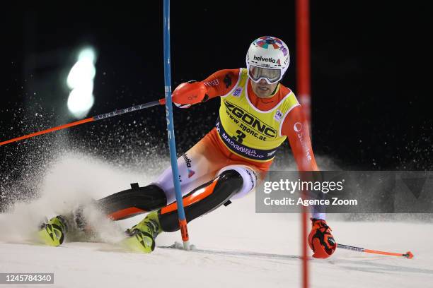 Daniel Yule of Team Switzerland in action during the Audi FIS Alpine Ski World Cup Men's Slalom on December 22, 2022 in Madonna di Campiglio, Italy.