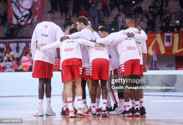 Olympiacos Piraeus' players react during the 2022-23 Turkish Airlines EuroLeague Regular Season Round 15 game between Olympiacos Piraeus and Crvena...