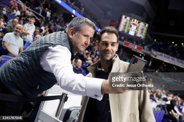 José Manuel Calderón, former player, poses for a selfie with a fan prior the 2022-23 Turkish Airlines EuroLeague Regular Season Round 15 game between...