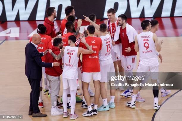 Players of Crvena Zvezda mts Belgrade celebrate their victory after the 2022-23 Turkish Airlines EuroLeague Regular Season Round 15 game between...