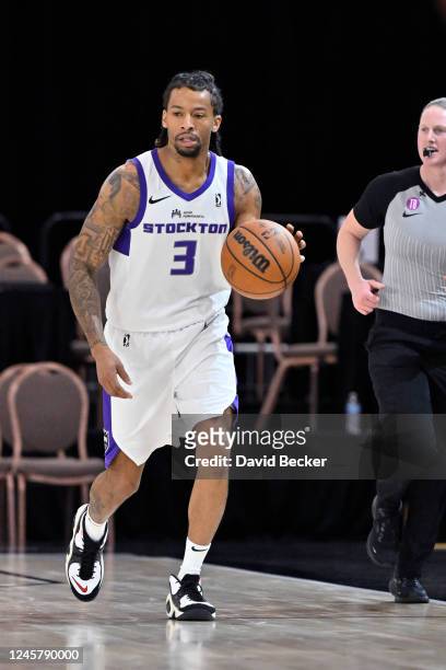 Trey Burke of the Stockton Kings moves the ball against the Lakeland Magic during the 2022-23 G League Winter Showcase on December 22, 2022 in Las...