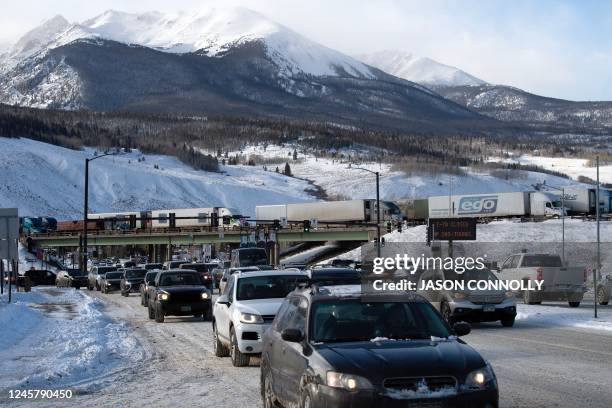 Traffic is backed up on Highway 9 in Silverthorne, Colorado on December 22, 2022 due to the closure of the eastbound lane of I-70 because of extreme...