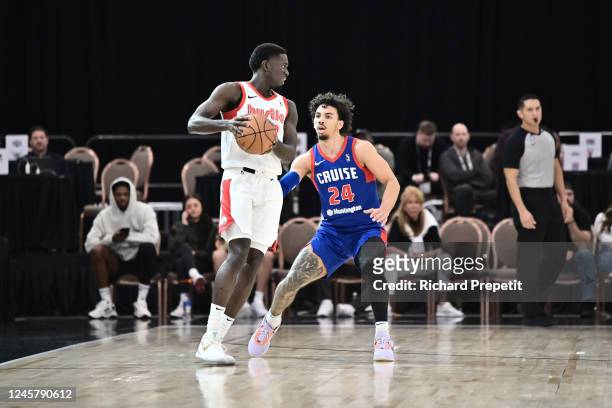 Jules Bernard of the Motor City Cruise plays defense during the game against the Memphis Hustle during the 2022-23 G League Winter Showcase on...