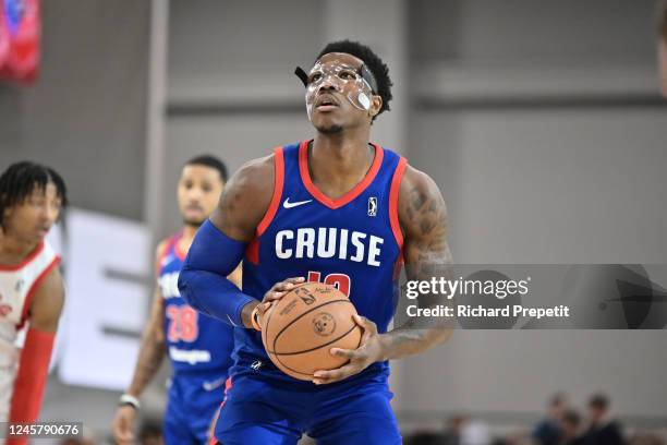 Devontae Cacok of the Motor City Cruise shoots a free throw during the game against the Memphis Hustle during the 2022-23 G League Winter Showcase on...