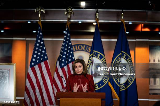 Speaker of the House Nancy Pelosi speaks during her final weekly news conference as Speaker of the House at the U.S. Capitol Building on Thursday,...