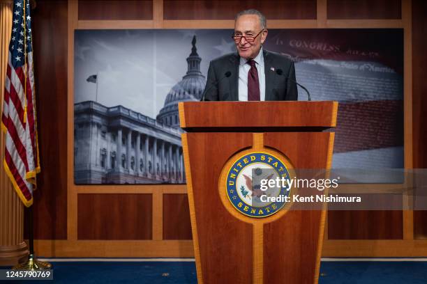 Senate Majority Leader Chuck Schumer speaks at a news conference following a Senate vote on government funding in the Senate Studio at the U.S....