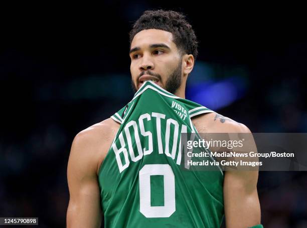 December 21: Jayson Tatum of the Boston Celtics before the start of the first quarter of the NBA game against the Indiana Pacers at the TD Garden on...