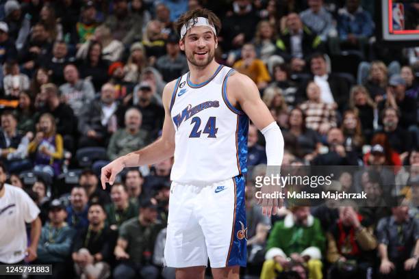 Corey Kispert of the Washington Wizards smiles during the game against the Utah Jazz on December 22, 2022 at vivint.SmartHome Arena in Salt Lake...