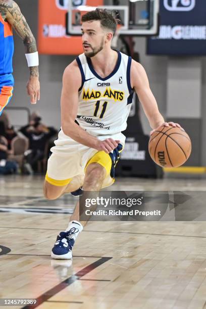 David Stockton of the Fort Wayne Mad Ants drives to the basket during the game against the Oklahoma City Blue during the 2022-23 G League Winter...