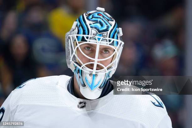 Seattle Kraken goalie Martin Jones looks on during their NHL game against the Vancouver Canucks at Rogers Arena on December 22, 2022 in Vancouver,...