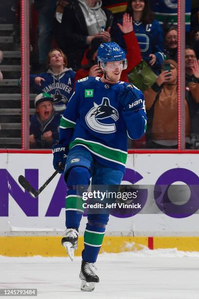 Elias Pettersson of the Vancouver Canucks celebrates after scoring during the shootout of their NHL game at Rogers Arena December 22, 2022 in...