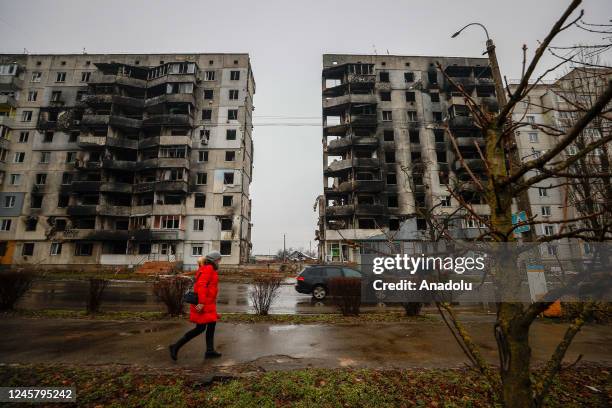 Damaged apartments are seen as daily life continues in Ukraine's Hostomel amid the ongoing Russian-Ukrainian war on December 22, 2022.