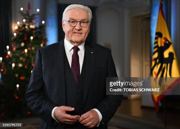 German President Frank-Walter Steinmeier is pictured during the recording of his annual Christmas speech at the presidential Bellevue palace in...