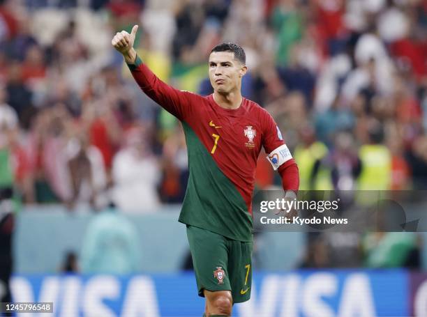 Portugal's Cristiano Ronaldo acknowledges the crowd after his team's 6-1 win over Switzerland in a World Cup round of 16 football match at Lusail...