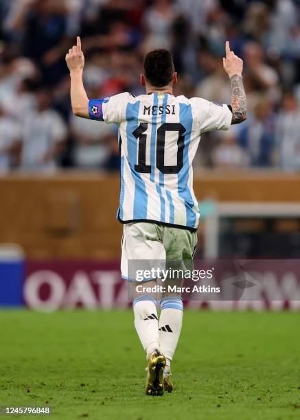 Lionel Messi of Argentina celebrates scoring the 3rd goal during the FIFA World Cup Qatar 2022 Final match between Argentina and France at Lusail...