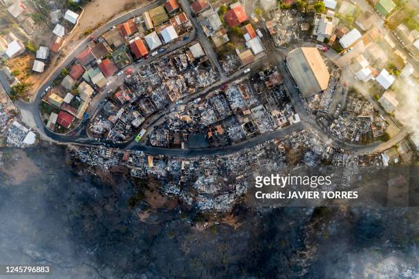 Aerial view of houses destroyed by a forest fire that affected the hills of Vina del Mar, in the Valparaiso region, Chile, taken on December 23,...