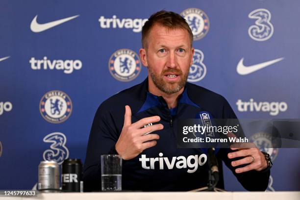 Head Coach Graham Potter of Chelsea during a press conference at Chelsea Training Ground on December 23, 2022 in Cobham, England.