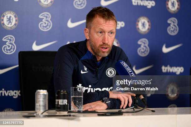 Head Coach Graham Potter of Chelsea during a press conference at Chelsea Training Ground on December 23, 2022 in Cobham, England.
