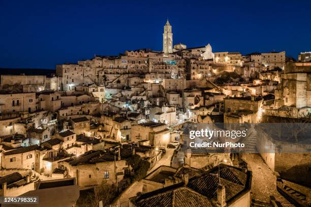 The historic center of Matera in Basilicata, at the blue hour during the Christmas period, on December 22nd 2022. Matera is known all over the world...