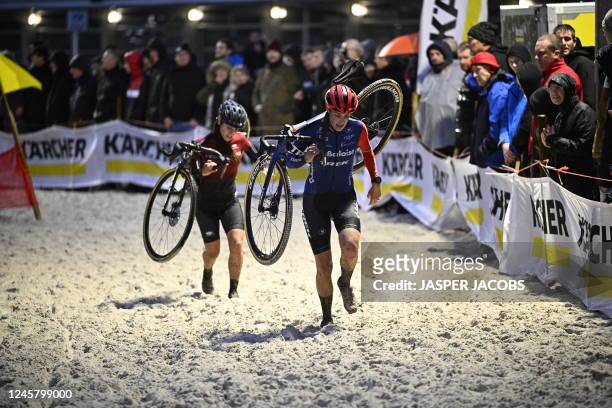 Dutch Shirin van Anrooij competes during the women's elite race of the 'Zilvermeer Mol' cyclocross cycling event, race 5/8 in the 'Exact Cross'...