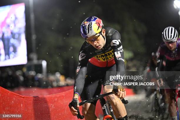 Belgian Wout Van Aert pictured in action during the men's elite race of the 'Zilvermeer Mol' cyclocross cycling event, race 5/8 in the 'Exact Cross'...