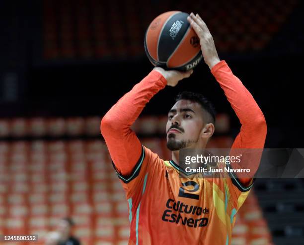 Josep Puerto, #2 of Valencia Basket at warm up prior to the 2022-23 Turkish Airlines EuroLeague Regular Season Round 15 game between Valencia Basket...