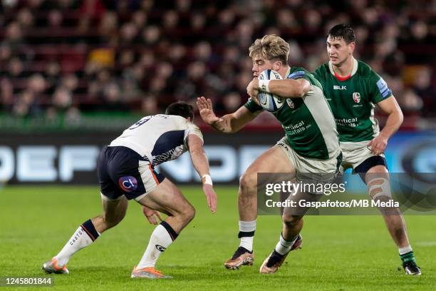 Ollie Hassell-Collins of London Irish in action during the Gallagher Premiership Rugby match between London Irish and Saracens at Gtech Stadium on...
