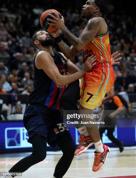 Chris Jones, #7 of Valencia Basket in action during the 2022-23 Turkish Airlines EuroLeague Regular Season Round 15 game between Valencia Basket and...