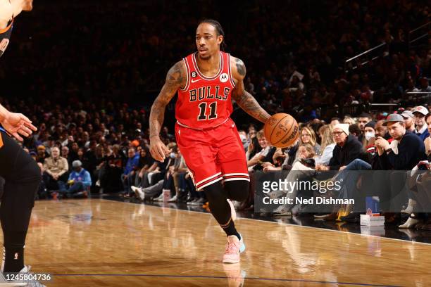 DeMar DeRozan of the Chicago Bulls dribbles the ball during the game against the New York Knicks on December 23, 2022 at Madison Square Garden in New...