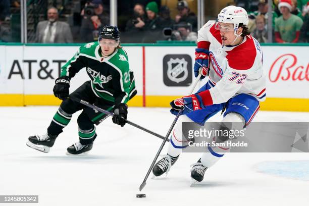 Arber Xhekaj of the Montreal Canadiens skates with the puck during the first period against the Dallas Stars at American Airlines Center on December...