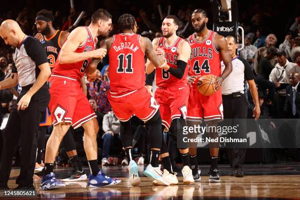 The Chicago Bulls celebrate during the game against the New York Knicks on December 23, 2022 at Madison Square Garden in New York City, New York....