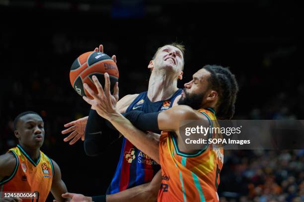 Jan Vesely of FC Barcelona and James Web of Valencia basket in action during the J15 Turkish Airlines Euroleague at Fuente de San Luis Sport Hall ....