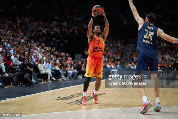 Chris Jones of Valencia basket and Mike Tobey of FC Barcelona in action during the J15 Turkish Airlines Euroleague at Fuente de San Luis Sport Hall ....