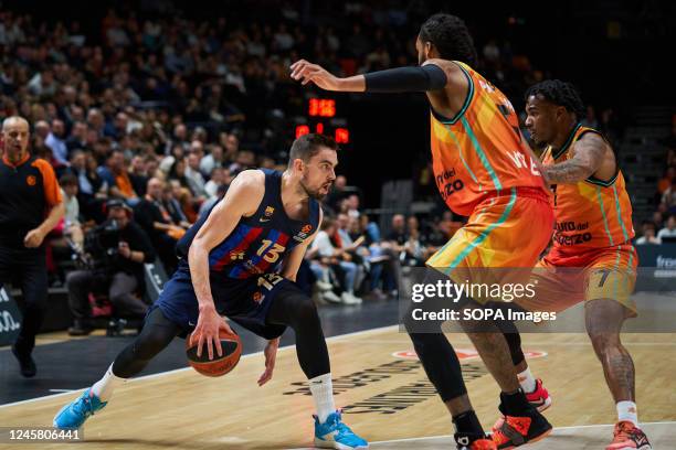 Tomas Satoransky of FC Barcelona , James Web of Valencia basket , and Chris Jones of Valencia basket in action during the J15 Turkish Airlines...