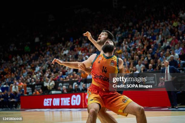 Mike Tobey of FC Barcelona and Bojan Dublevic of Valencia basket in action during the J15 Turkish Airlines Euroleague at Fuente de San Luis Sport...