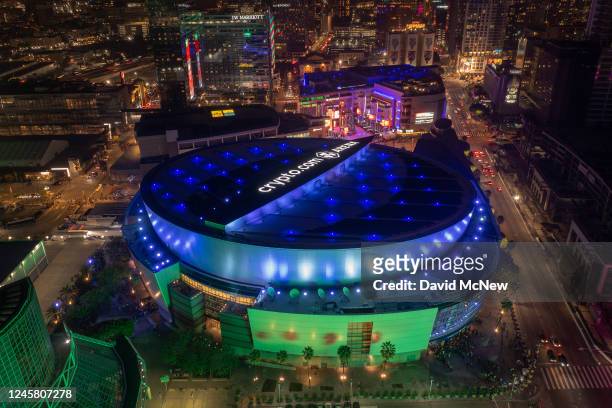 In an aerial view, Crypto.com Arena, formerly Staples Center, is seen as the crypto industry reels from the collapse of FTX on December 23, 2022 in...