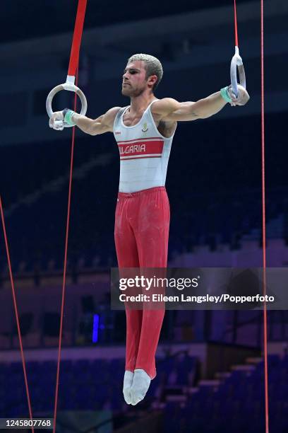 David Huddleston of Bulgaria on rings during a training session before the World Artistic Gymnastics Championships at the M&S Bank Arena on October...