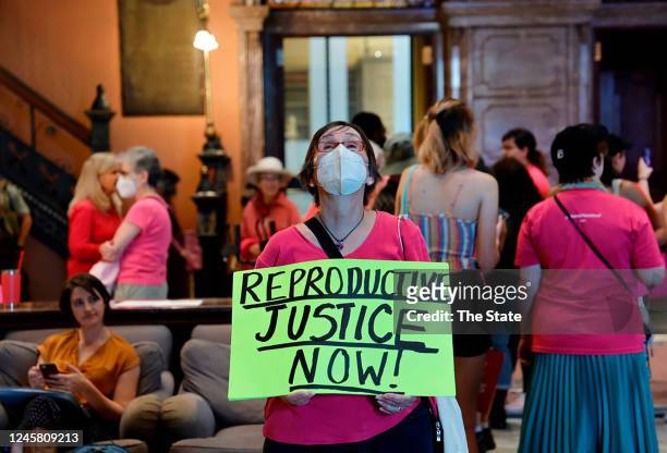 Andrea Kaniarz of Lexington watches the South Carolina House of Representatives meet during discussion of a bill banning most abortions, in Columbia,...
