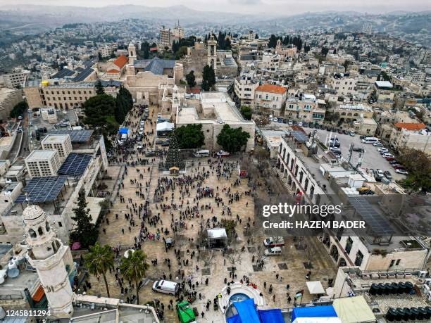 This aerial view shows a view of the Manger Square outside the Church of the Nativity in the biblical city of Bethlehem in the occupied West Bank on...