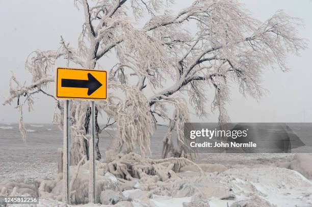 Ice covers the Lake Erie shoreline on December 24, 2022 in Hamburg, New York. The Buffalo suburb and surrounding area was hit hard by the winter...