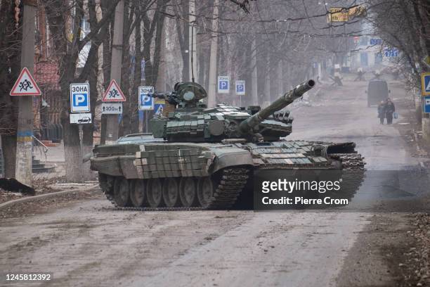 Ukrainian tank drives in the center on December 24, 2022 in Bakhmut, Ukraine. Ukraine's hard-hit frontline city of Bakhmut is an eastern industrial...