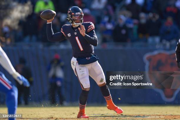 Chicago Bears quarterback Justin Fields throws the football in action during a game between the Buffalo Bills and the Chicago Bears on December 24 at...