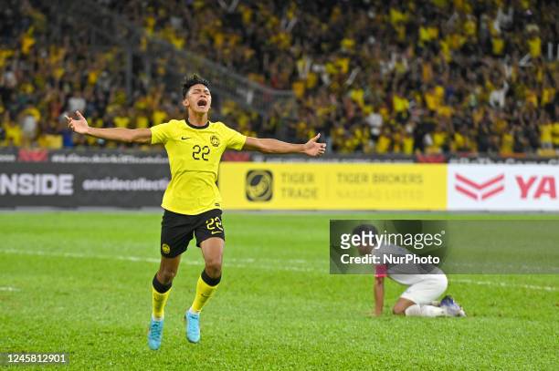 Muhammad Haqimi Azim Rosli of Malaysia national football team celebrates after scoring against Laos during the AFF Mitsubishi Electric Cup at Bukit...
