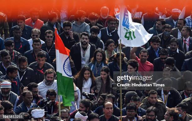 Congress leader Rahul Gandhi, his niece Miraya Vadra, Congress party leader Priyanka Gandhi and her husband Robert Vadra take part in an ongoing...