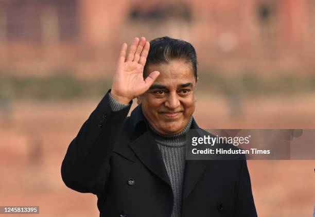 Kamal Hassan, leader of Makkal Needhi Maiam Party seen during the Bharat Jodo Yatra at Red Fort on December 24, 2022 in New Delhi, India. Rahul...