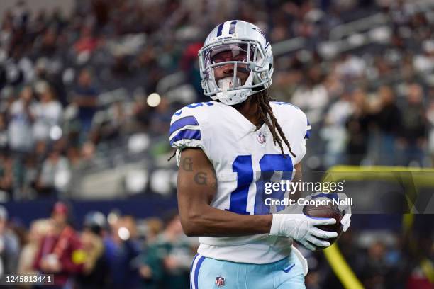 Wide receiver T.Y. Hilton of the Dallas Cowboys warms up before kickoff against the Philadelphia Eagles at AT&T Stadium on December 24, 2022 in...