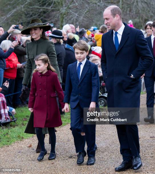 Prince William, Prince of Wales and Catherine, Princess of Wales with Prince George of Wales and Princess Charlotte of Wales attend the Christmas Day...