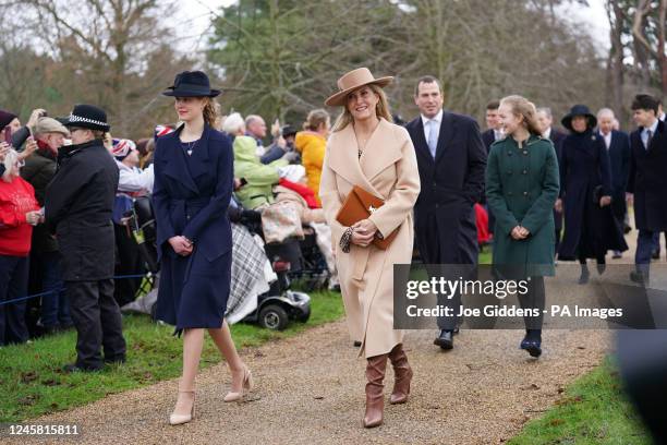 Lady Louise Windsor, the Countess of Wessex, Peter Phillips and Savannah Phillips attending the Christmas Day morning church service at St Mary...