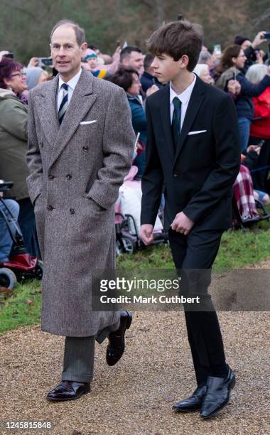 Prince Edward, Earl of Wessex and James Viscount Severn attend the Christmas Day service at St Mary Magdalene Church on December 25, 2022 in...