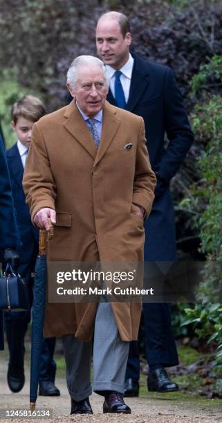 King Charles III attends the Christmas Day service at St Mary Magdalene Church on December 25, 2022 in Sandringham, Norfolk. King Charles III...
